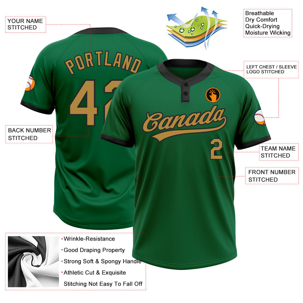Custom Kelly Green Old Gold-Black Two-Button Unisex Softball Jersey view 3