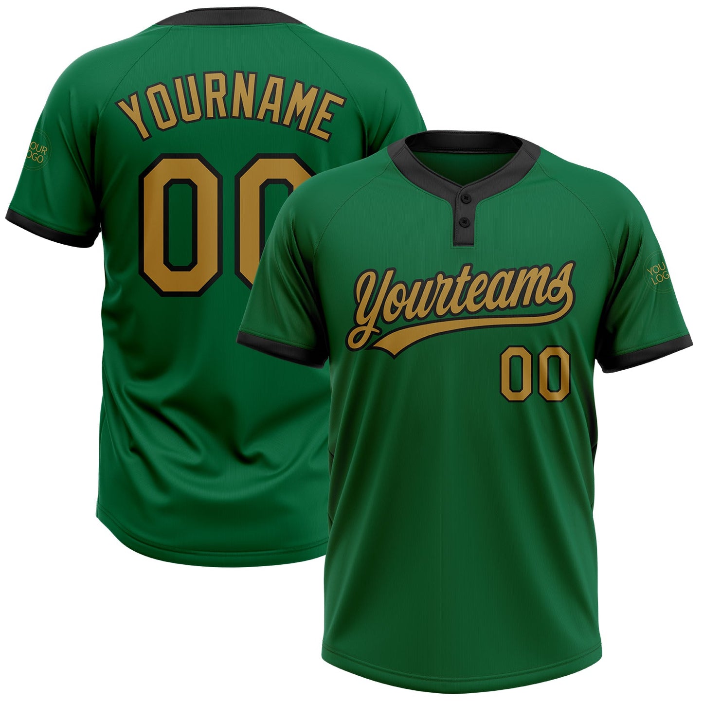 Custom Kelly Green Old Gold-Black Two-Button Unisex Softball Jersey - Main View