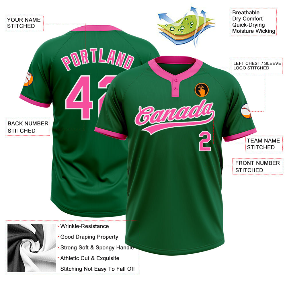 Custom Kelly Green Pink-White Two-Button Unisex Softball Jersey view 3