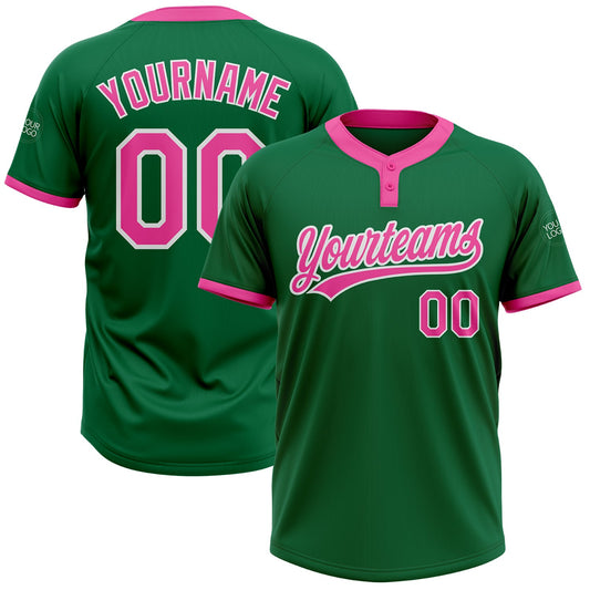 Custom Kelly Green Pink-White Two-Button Unisex Softball Jersey - Main View