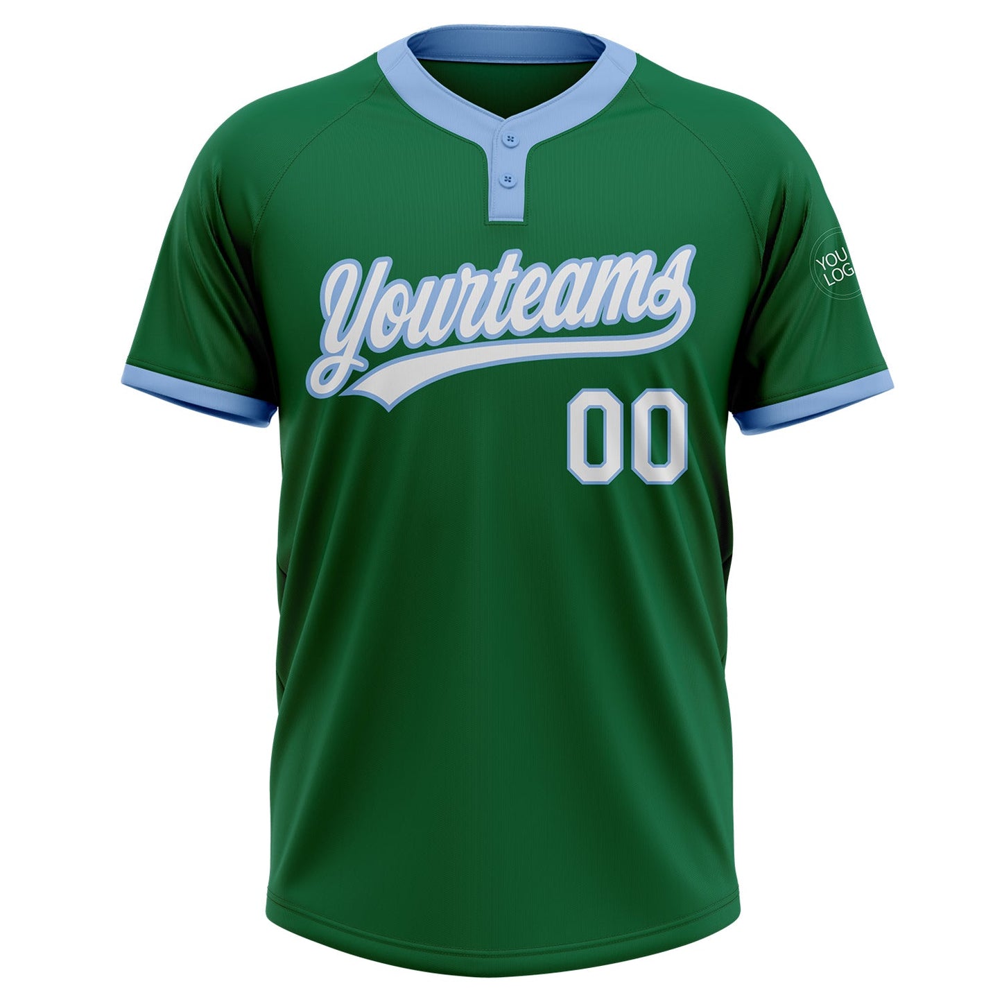 Custom Kelly Green White-Light Blue Two-Button Unisex Softball Jersey view 2