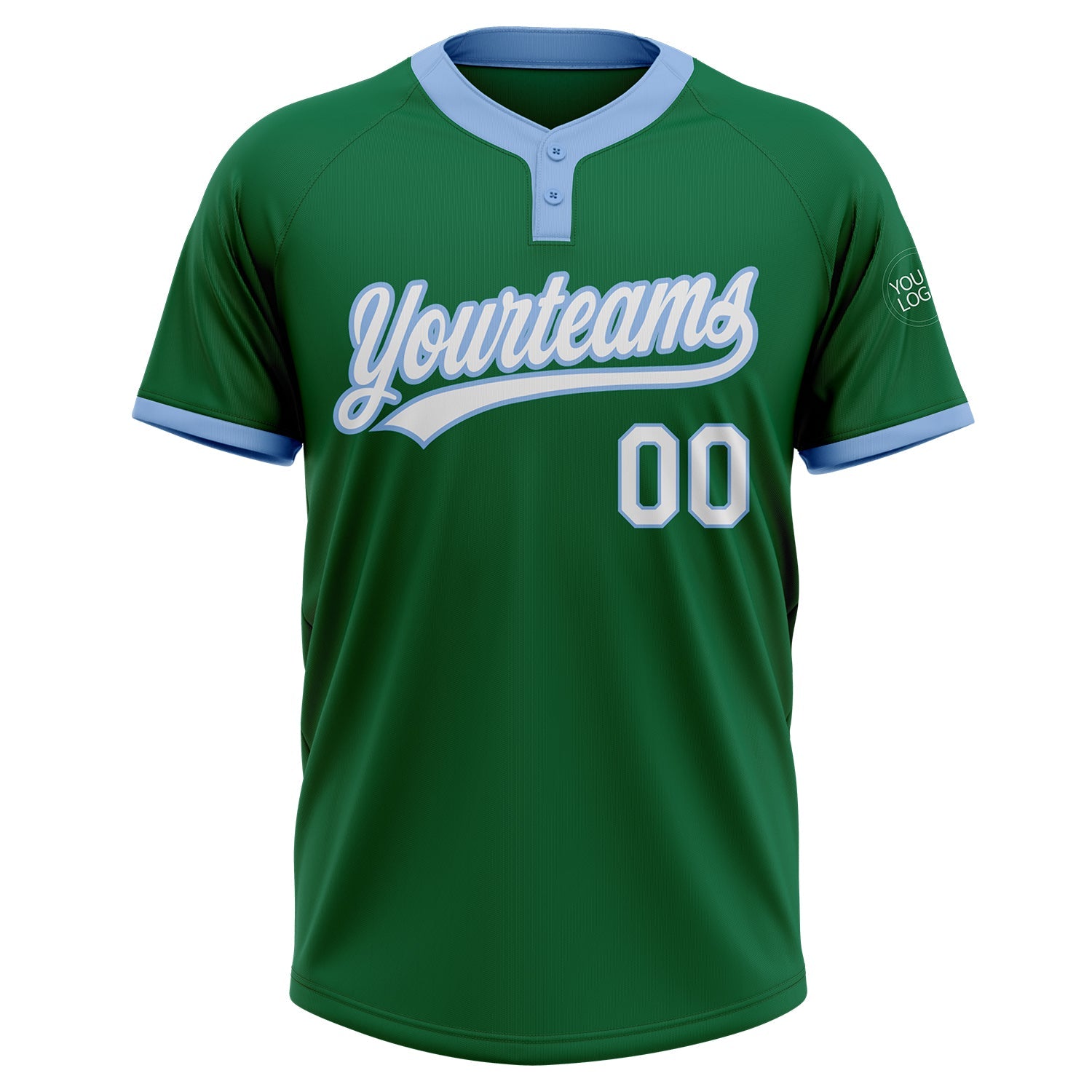 Custom Kelly Green White-Light Blue Two-Button Unisex Softball Jersey view 2