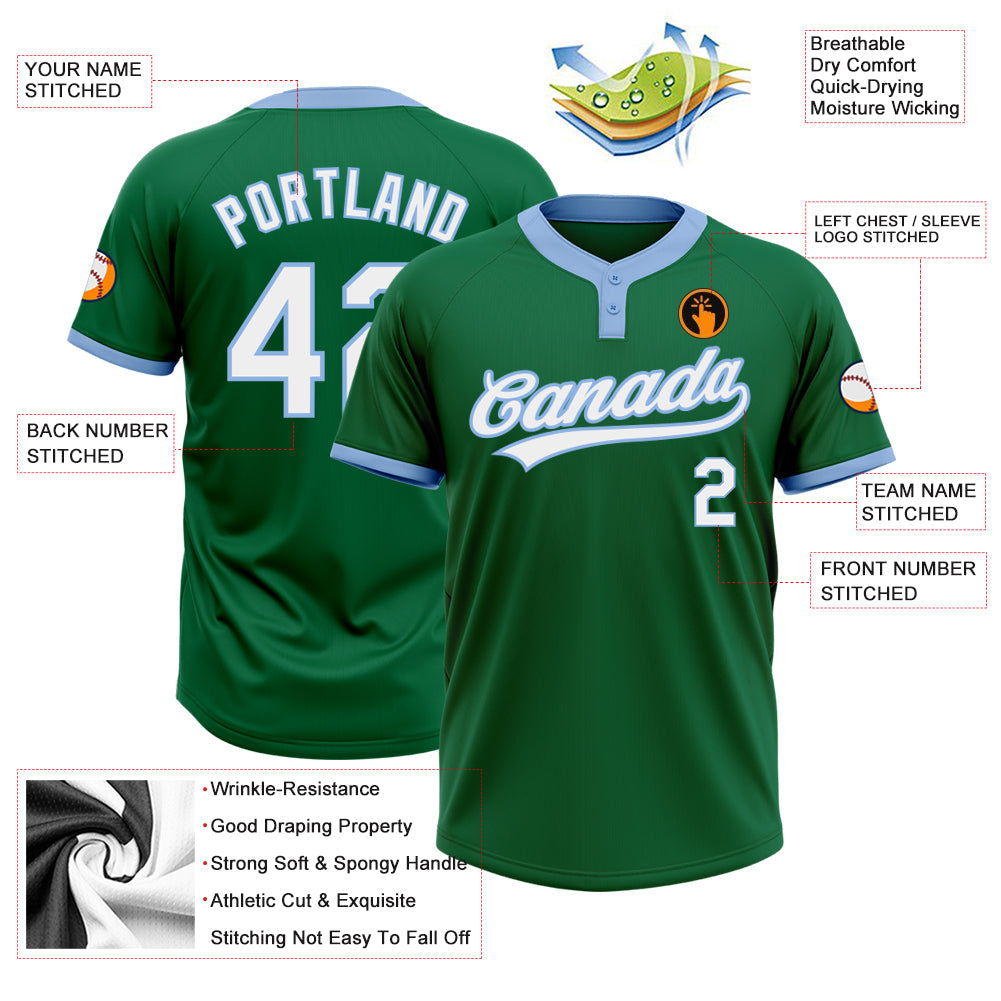 Custom Kelly Green White-Light Blue Two-Button Unisex Softball Jersey view 3