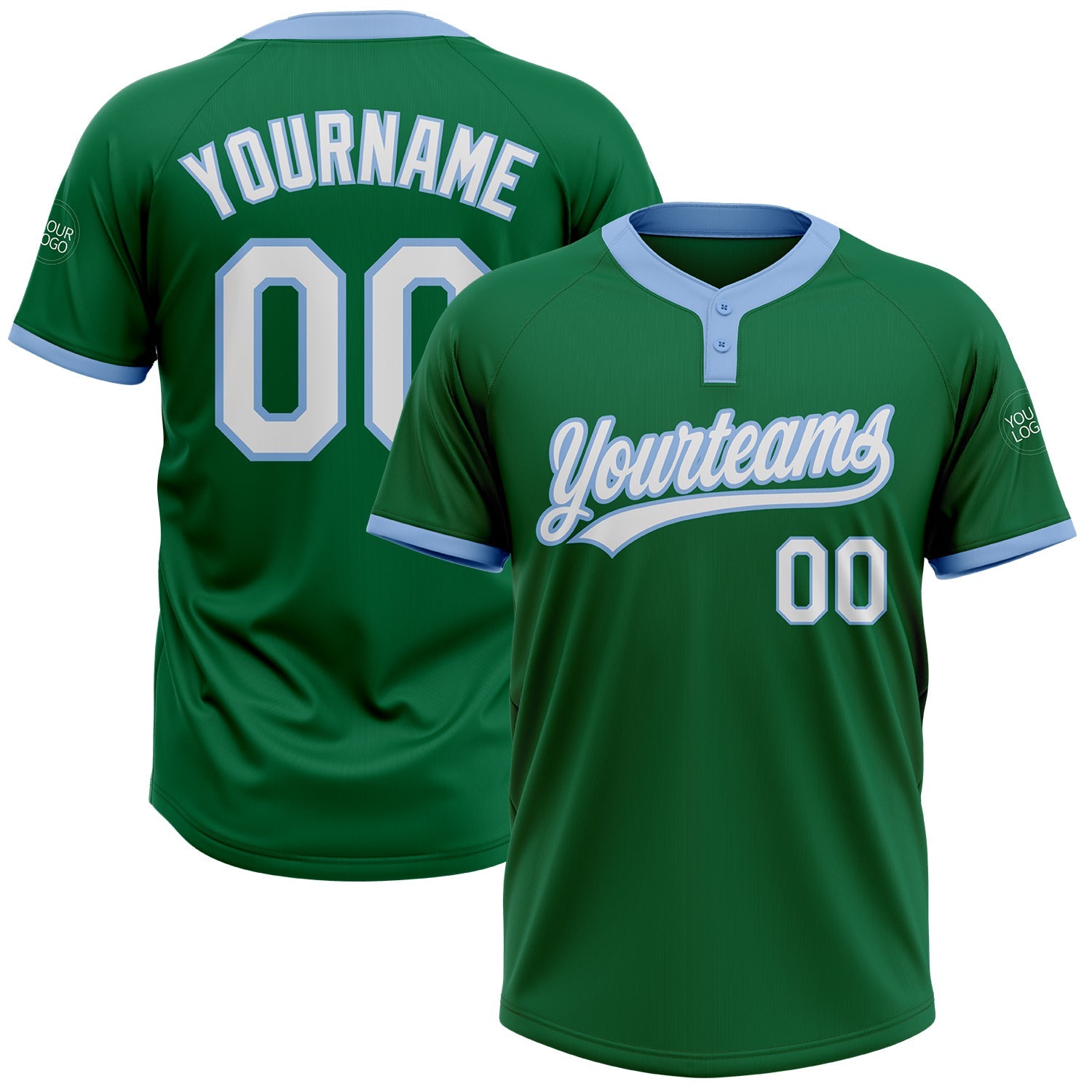 Custom Kelly Green White-Light Blue Two-Button Unisex Softball Jersey - Main View