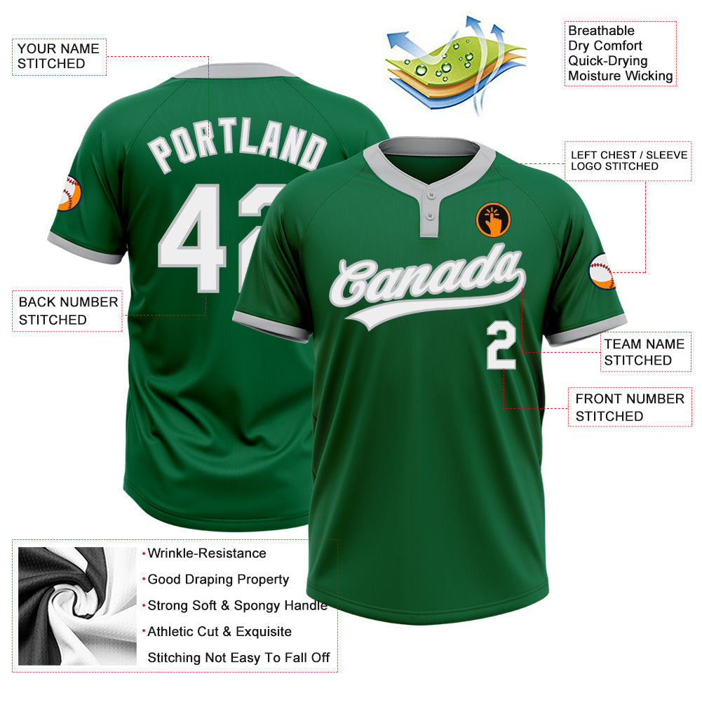 Custom Kelly Green White-Gray Two-Button Unisex Softball Jersey view 3