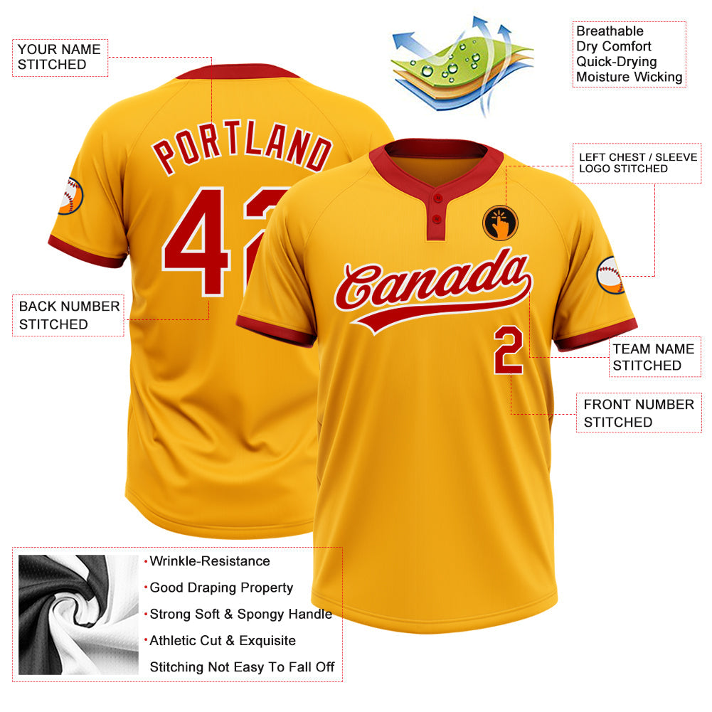 Custom Gold Red-White Two-Button Unisex Softball Jersey view 3