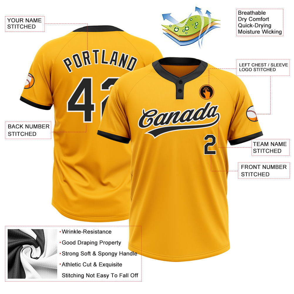 Custom Gold Black-White Two-Button Unisex Softball Jersey view 3