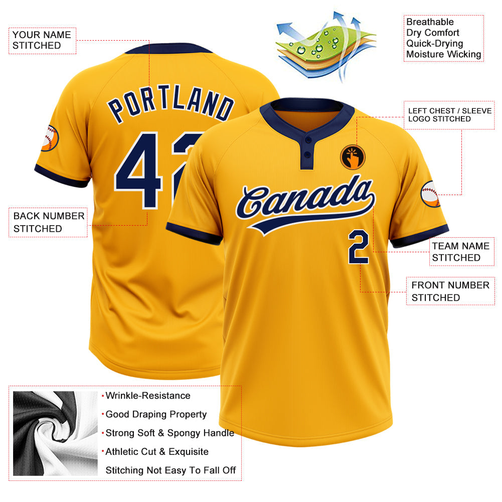 Custom Gold Navy-White Two-Button Unisex Softball Jersey view 3