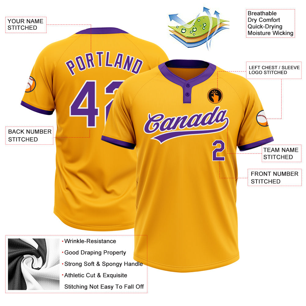 Custom Gold Purple-White Two-Button Unisex Softball Jersey view 3