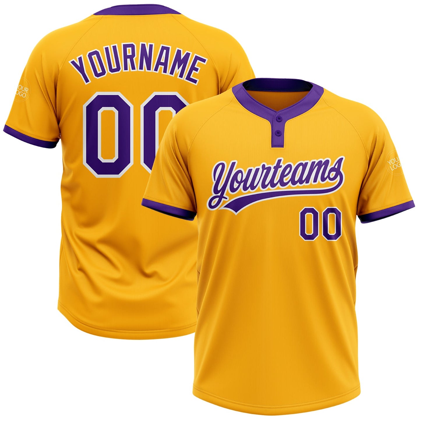 Custom Gold Purple-White Two-Button Unisex Softball Jersey - Main View