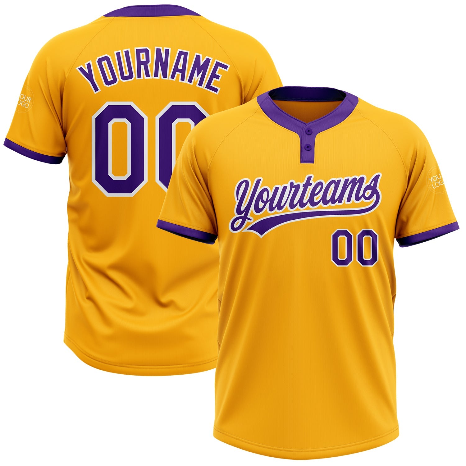 Custom Gold Purple-White Two-Button Unisex Softball Jersey - Main View