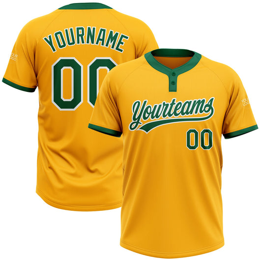 Custom Gold Kelly Green-White Two-Button Unisex Softball Jersey - Main View