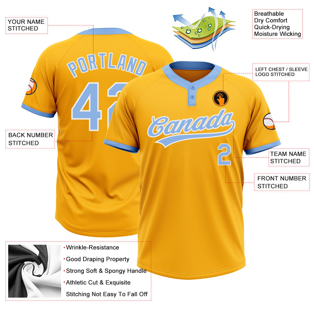 Custom Gold Light Blue-White Two-Button Unisex Softball Jersey view 3