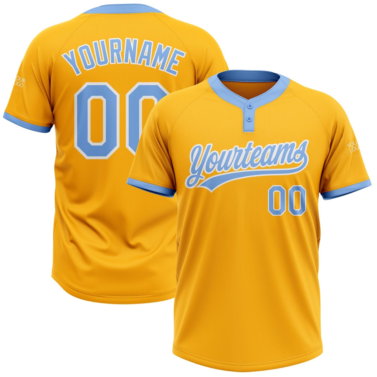Custom Gold Light Blue-White Two-Button Unisex Softball Jersey - Main View