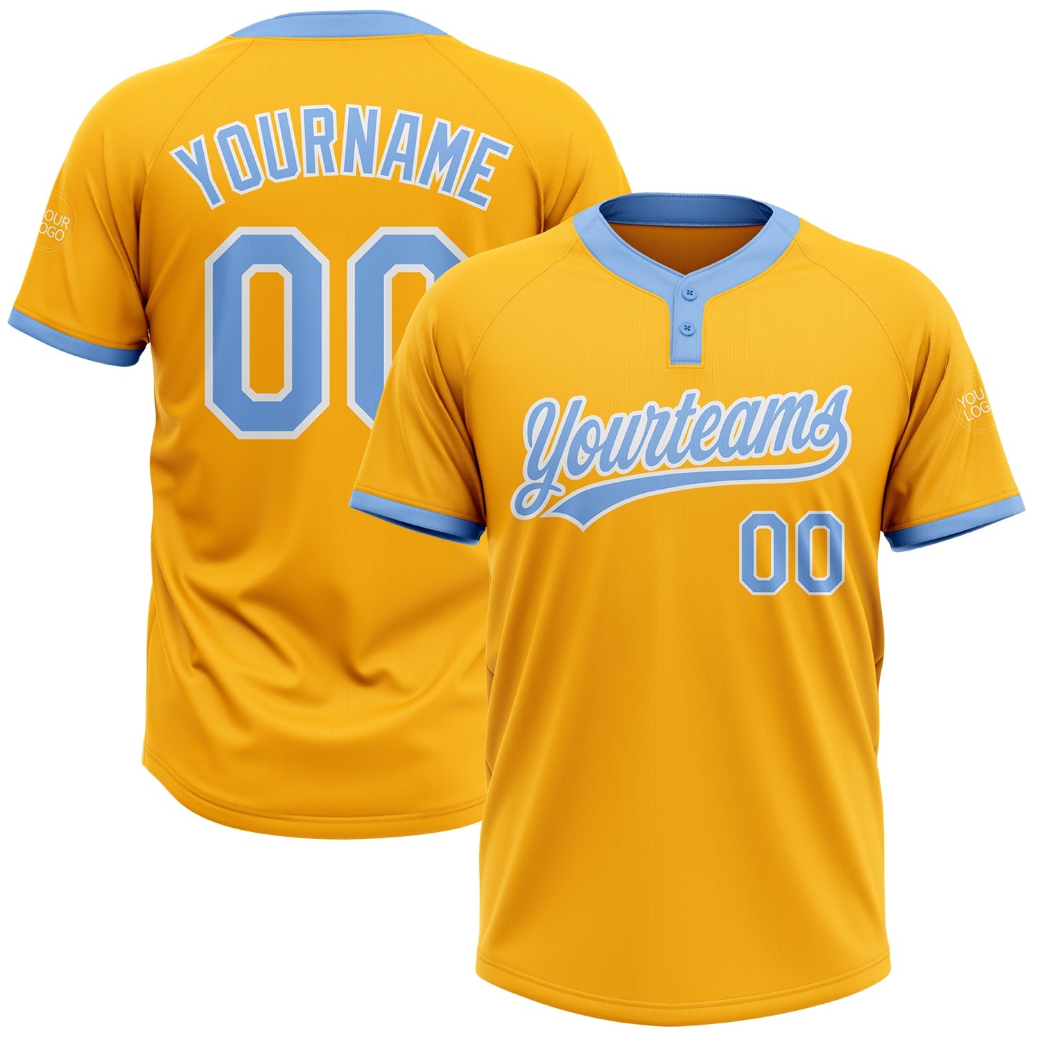 Custom Gold Light Blue-White Two-Button Unisex Softball Jersey - Main View