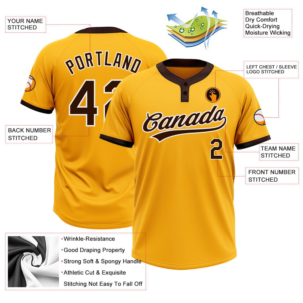 Custom Gold Brown-White Two-Button Unisex Softball Jersey view 3