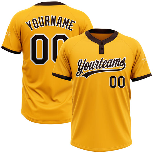 Custom Gold Brown-White Two-Button Unisex Softball Jersey - Main View