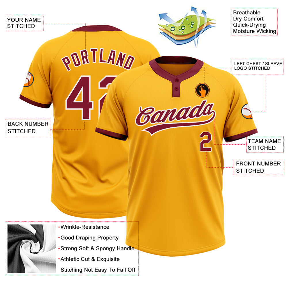 Custom Gold Crimson-White Two-Button Unisex Softball Jersey view 3