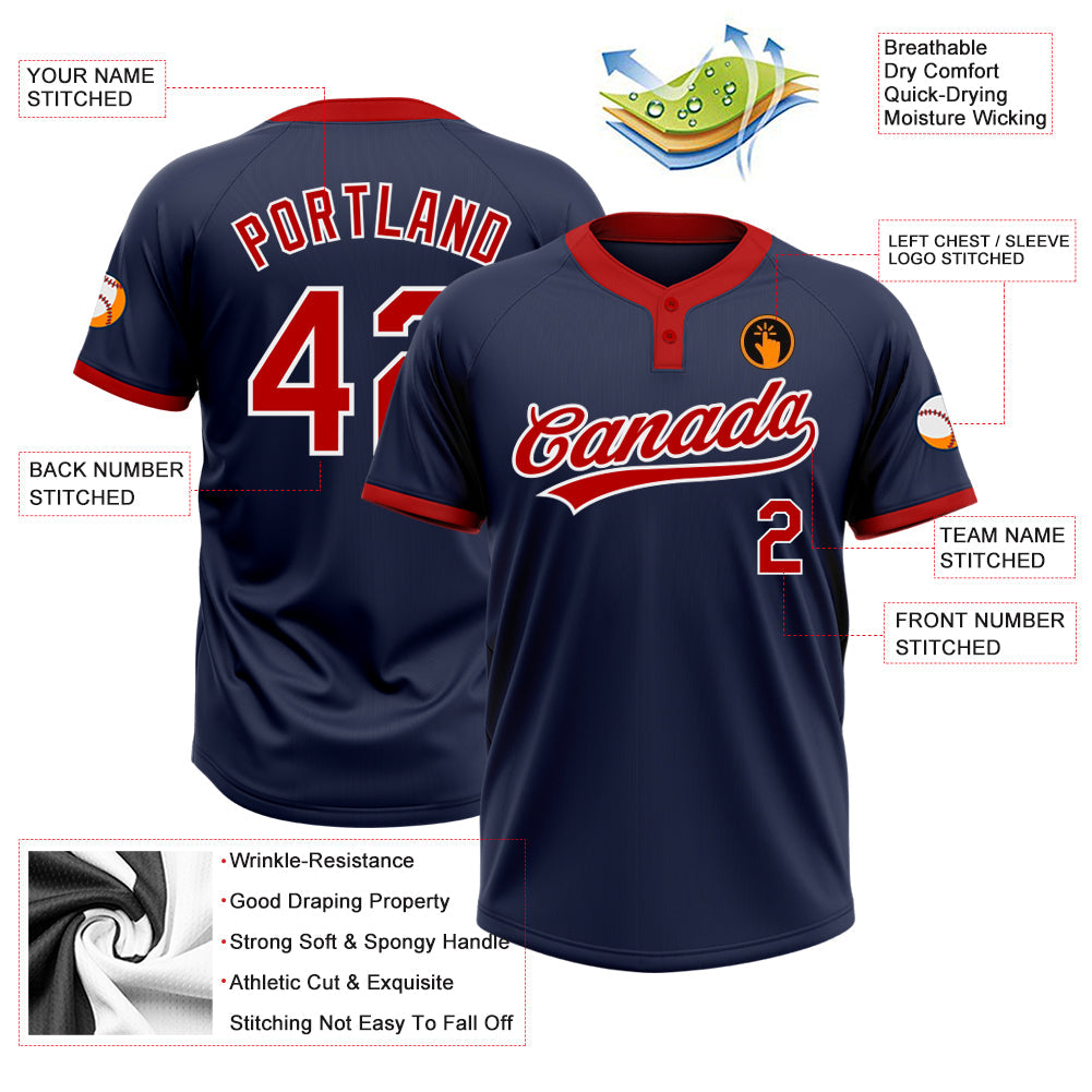Custom Navy Red-White Two-Button Unisex Softball Jersey view 4