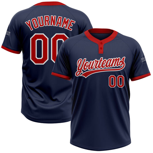Custom Navy Red-White Two-Button Unisex Softball Jersey - Main View