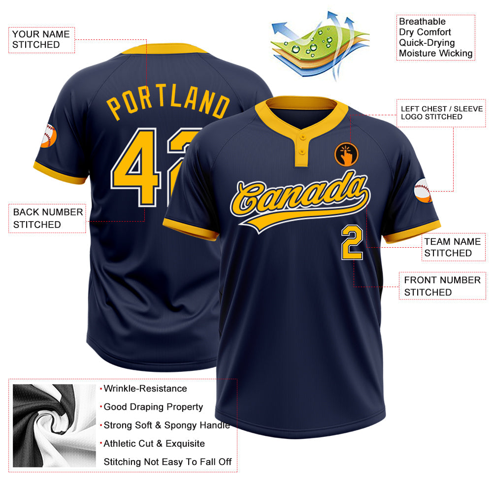 Custom Navy Gold-White Two-Button Unisex Softball Jersey view 3