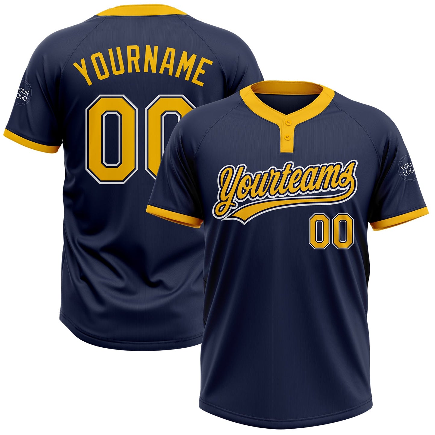 Custom Navy Gold-White Two-Button Unisex Softball Jersey - Main View