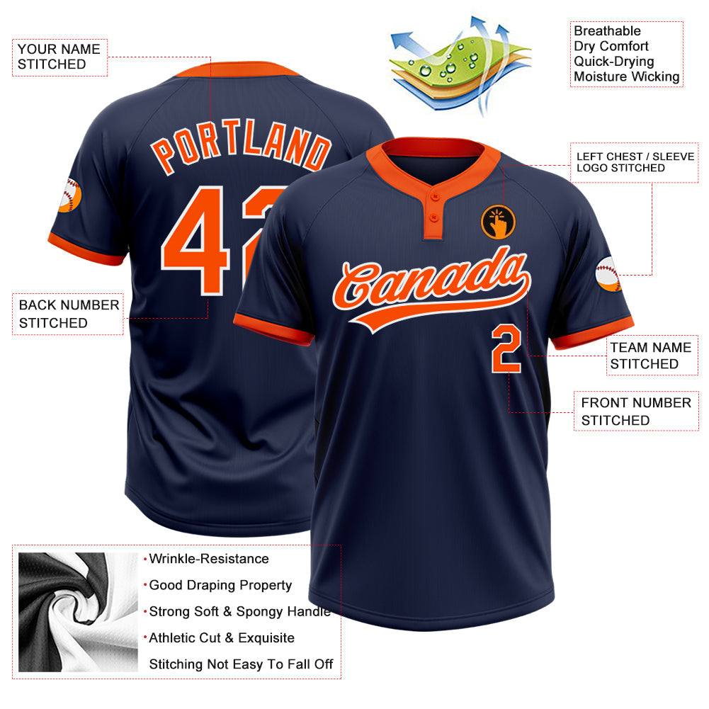 Custom Navy Orange-White Two-Button Unisex Softball Jersey view 3