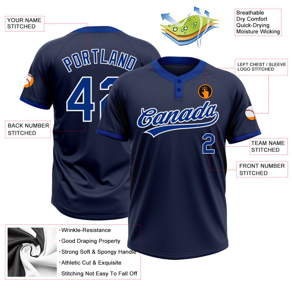 Custom Navy Royal-White Two-Button Unisex Softball Jersey view 3