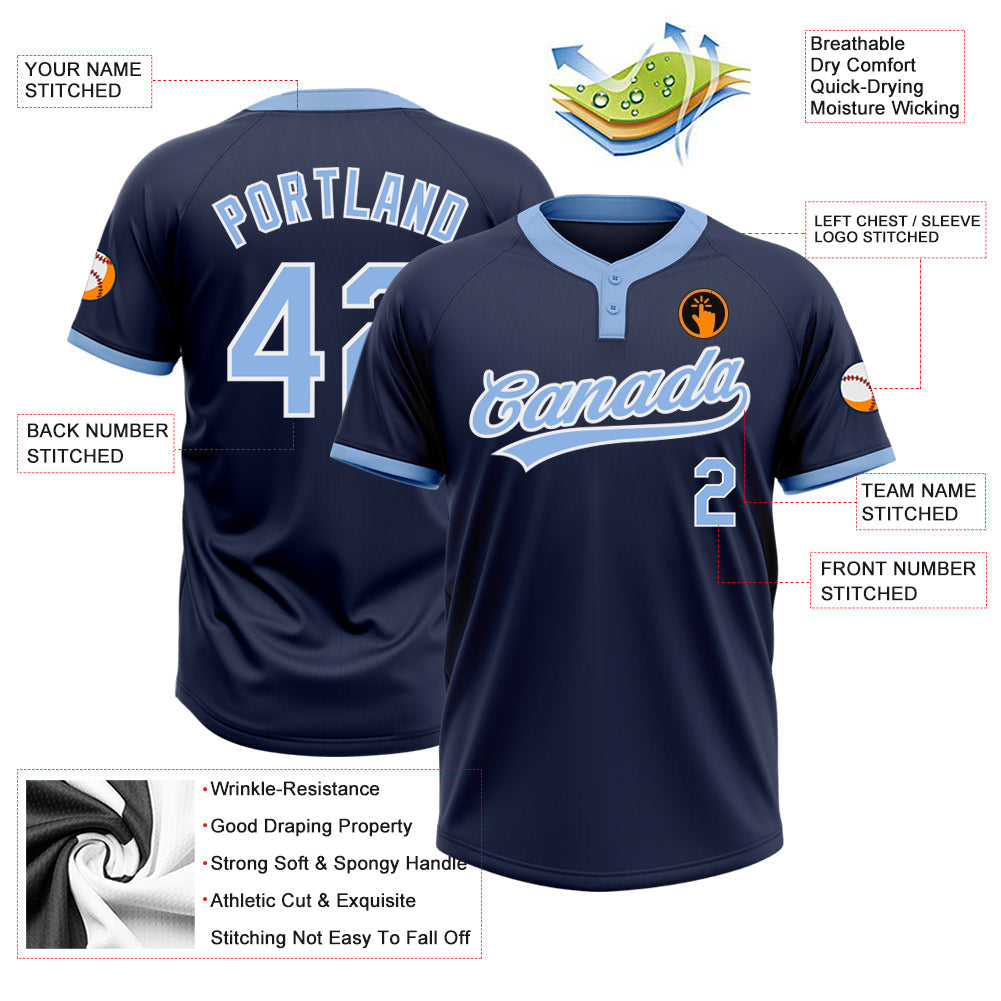 Custom Navy Light Blue-White Two-Button Unisex Softball Jersey view 3