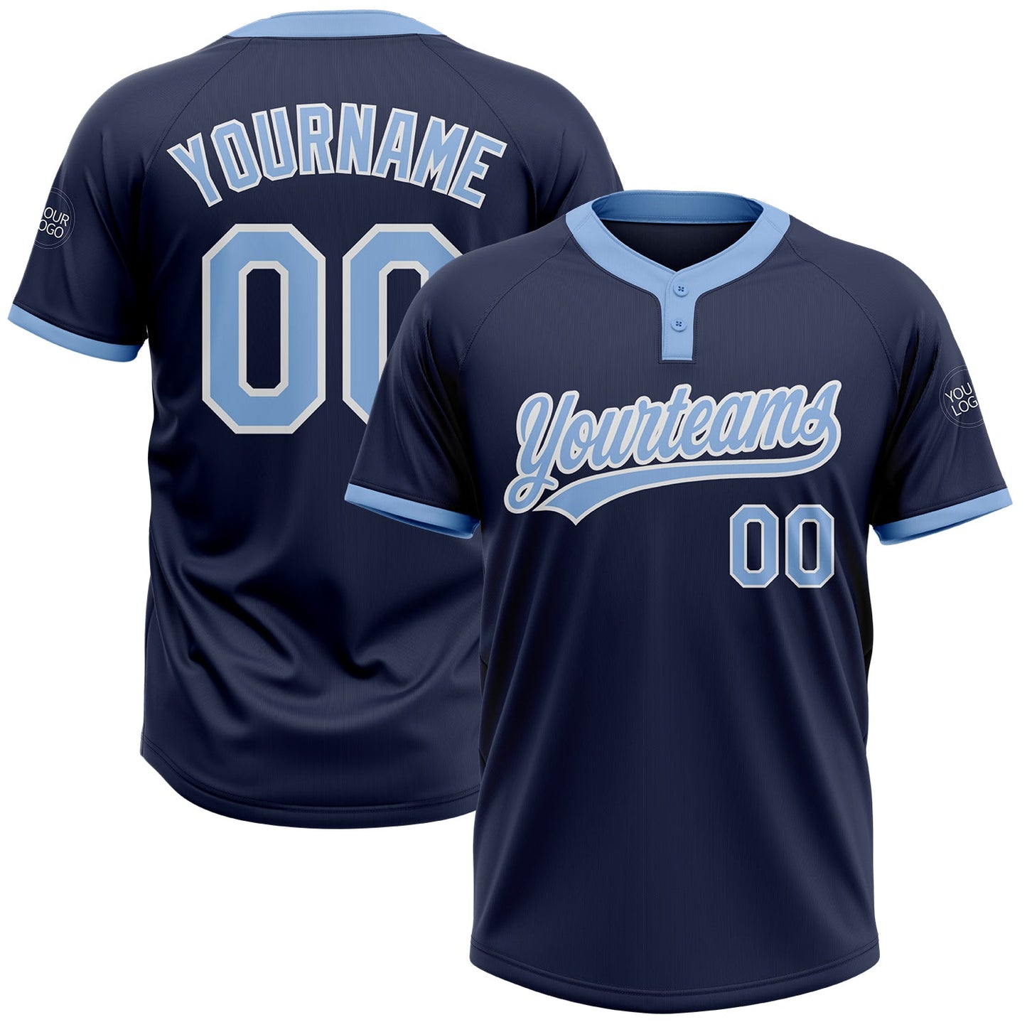 Custom Navy Light Blue-White Two-Button Unisex Softball Jersey - Main View