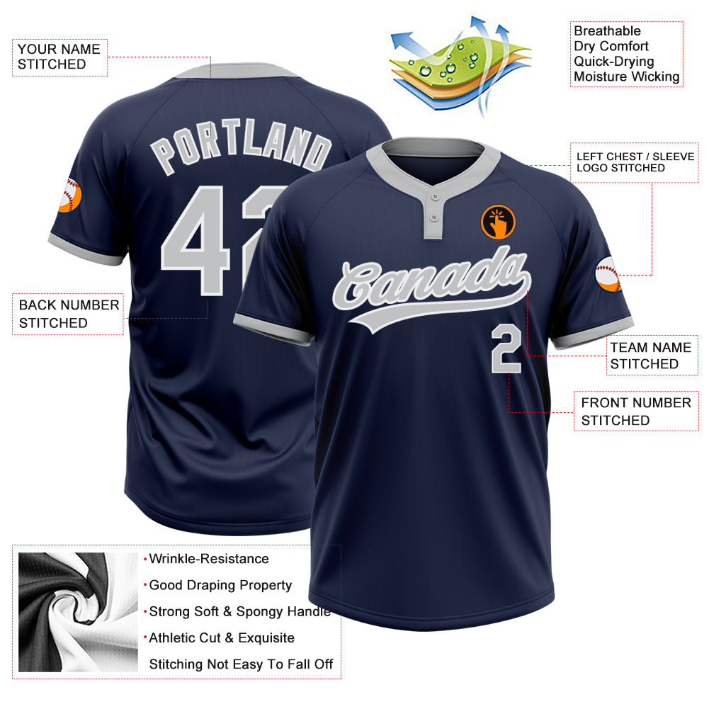 Custom Navy Gray-White Two-Button Unisex Softball Jersey view 3