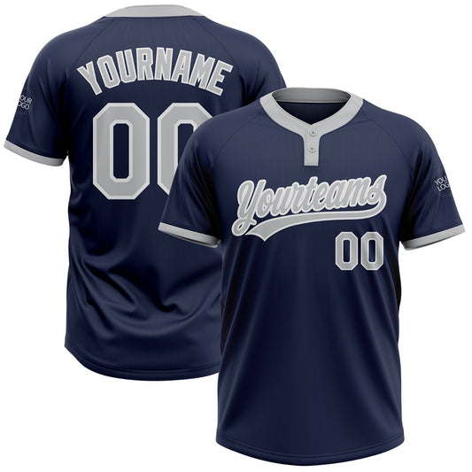 Custom Navy Gray-White Two-Button Unisex Softball Jersey - Main View