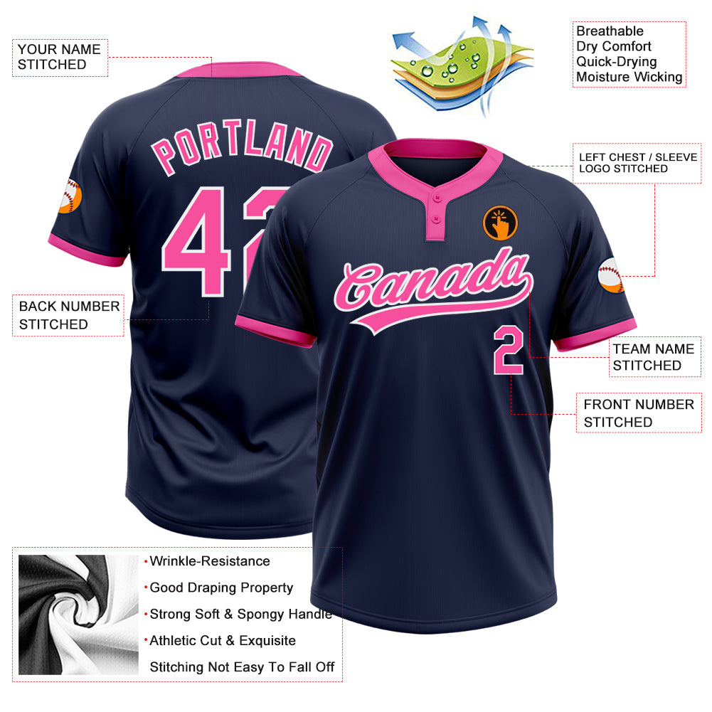 Custom Navy Pink-White Two-Button Unisex Softball Jersey view 3