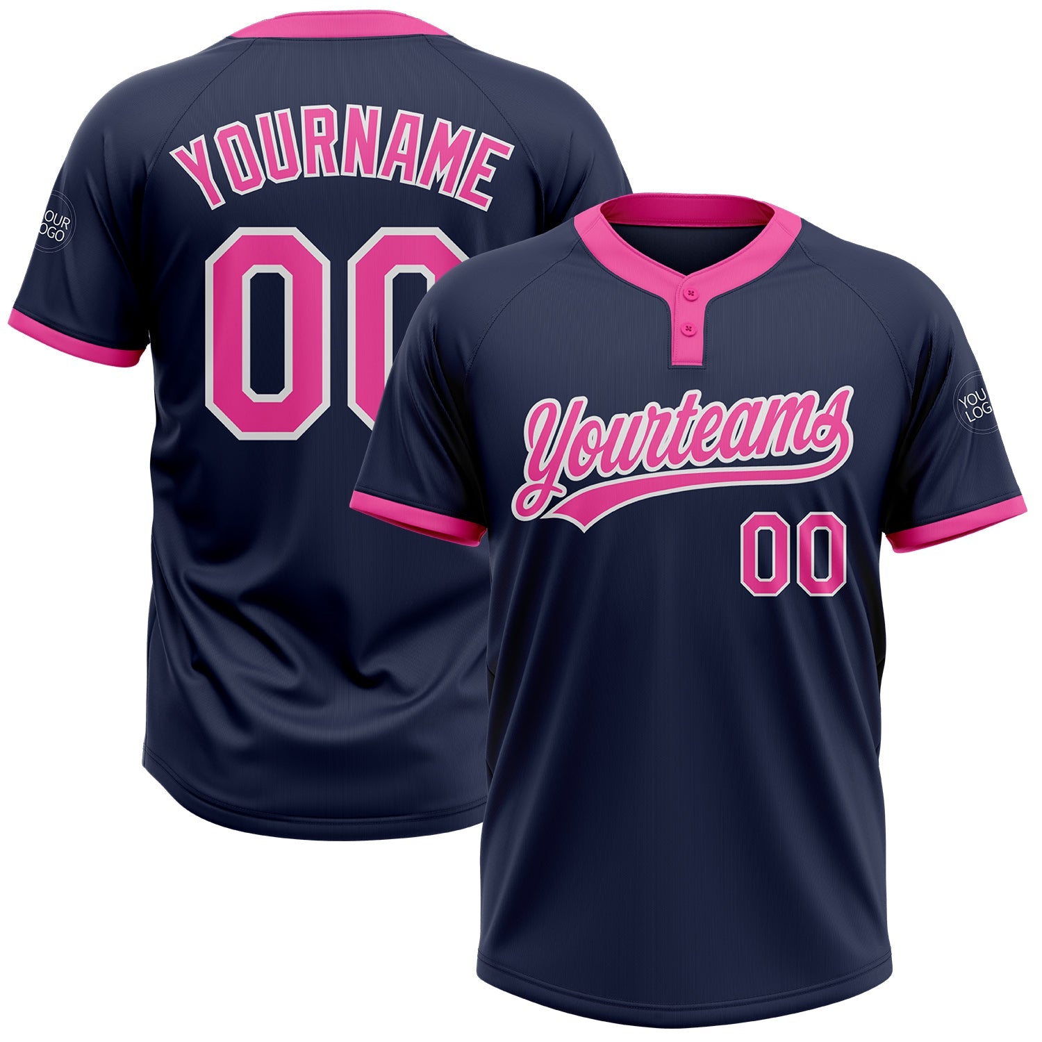 Custom Navy Pink-White Two-Button Unisex Softball Jersey - Main View