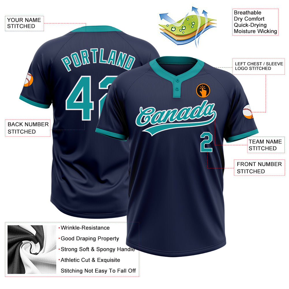 Custom Navy Teal-White Two-Button Unisex Softball Jersey view 3