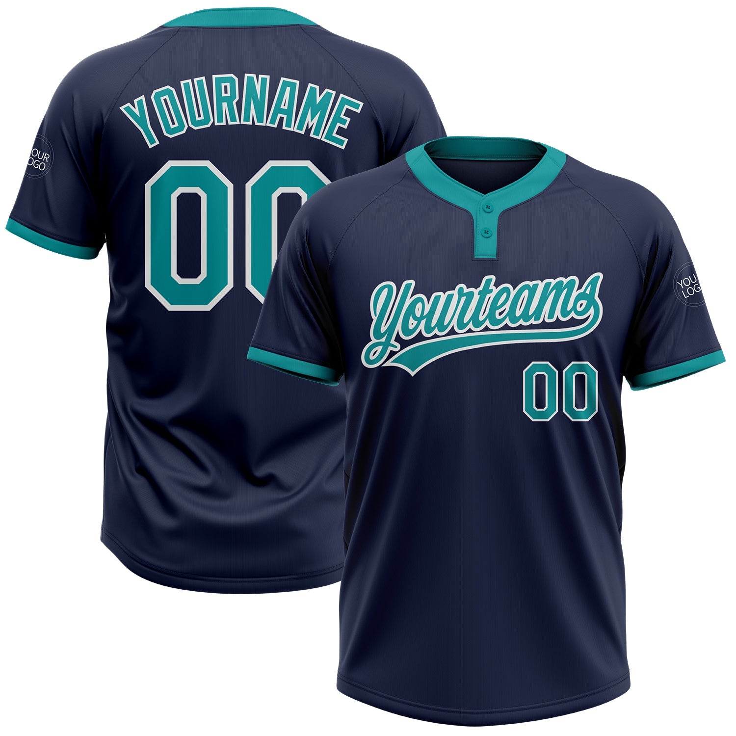 Custom Navy Teal-White Two-Button Unisex Softball Jersey - Main View