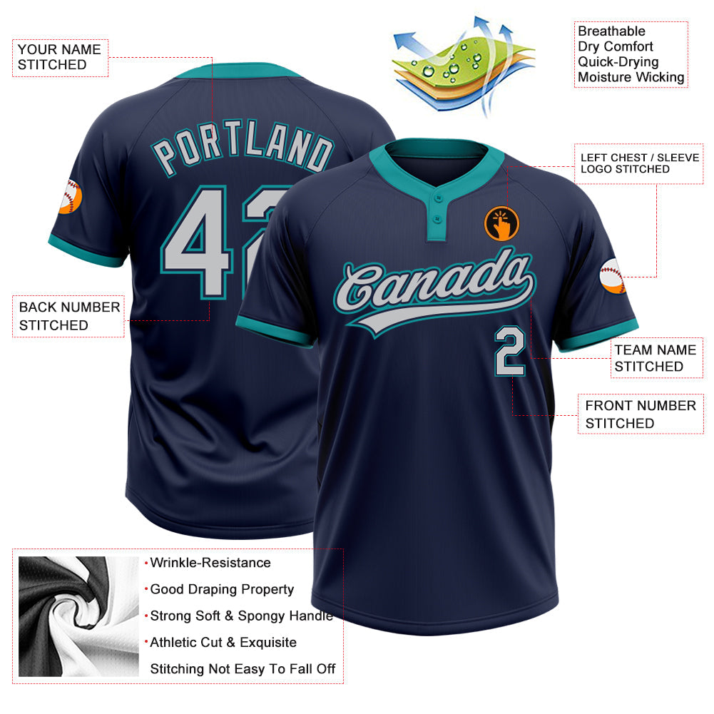 Custom Navy Gray-Teal Two-Button Unisex Softball Jersey view 3