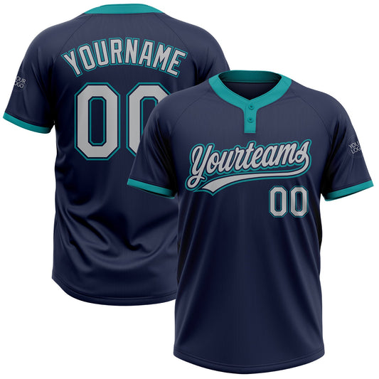 Custom Navy Gray-Teal Two-Button Unisex Softball Jersey - Main View