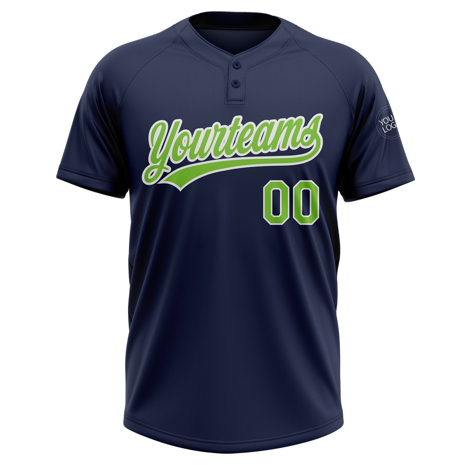 Custom Navy Neon Green-White Two-Button Unisex Softball Jersey view 2