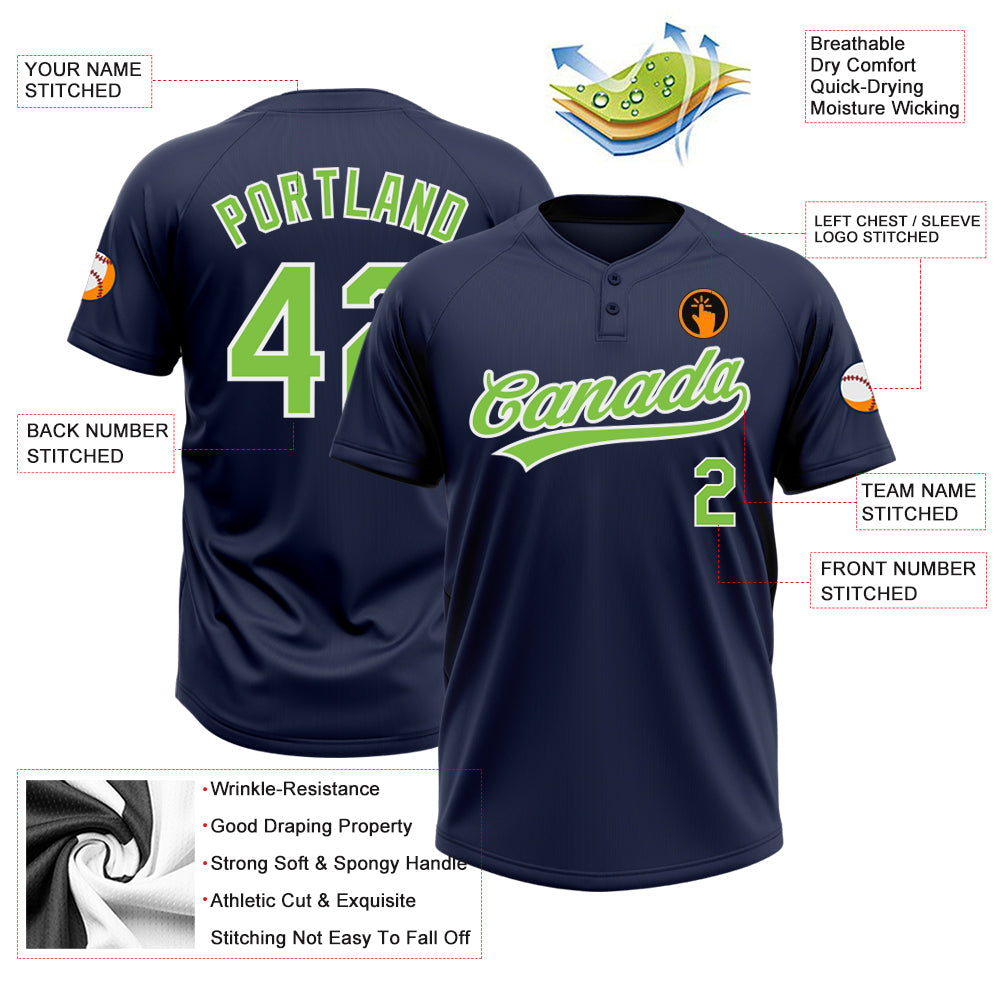 Custom Navy Neon Green-White Two-Button Unisex Softball Jersey view 3
