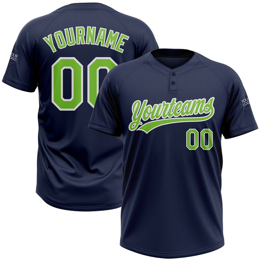 Custom Navy Neon Green-White Two-Button Unisex Softball Jersey - Main View