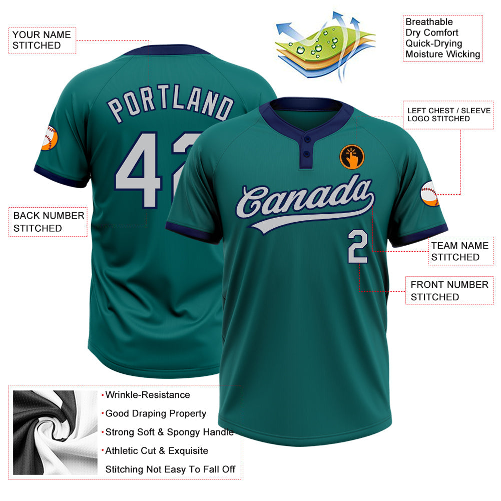 Custom Teal Gray-Navy Two-Button Unisex Softball Jersey view 3