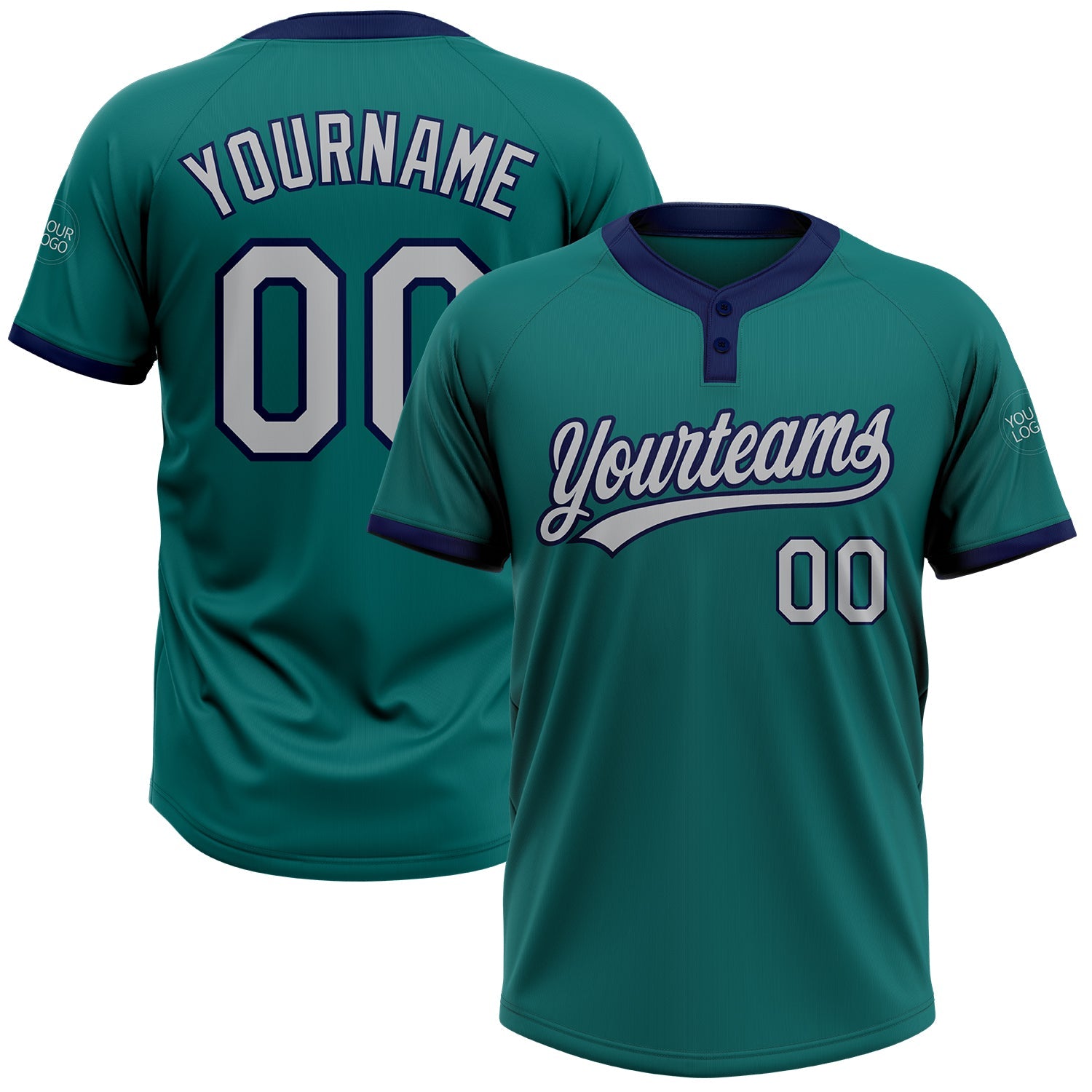 Custom Teal Gray-Navy Two-Button Unisex Softball Jersey - Main View