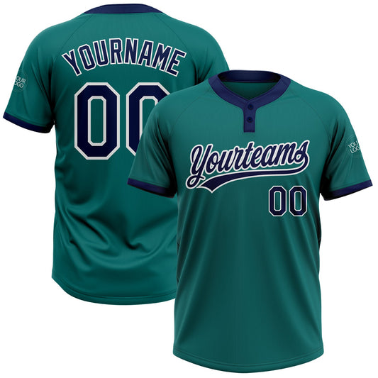 Custom Teal Navy-White Two-Button Unisex Softball Jersey - Main View