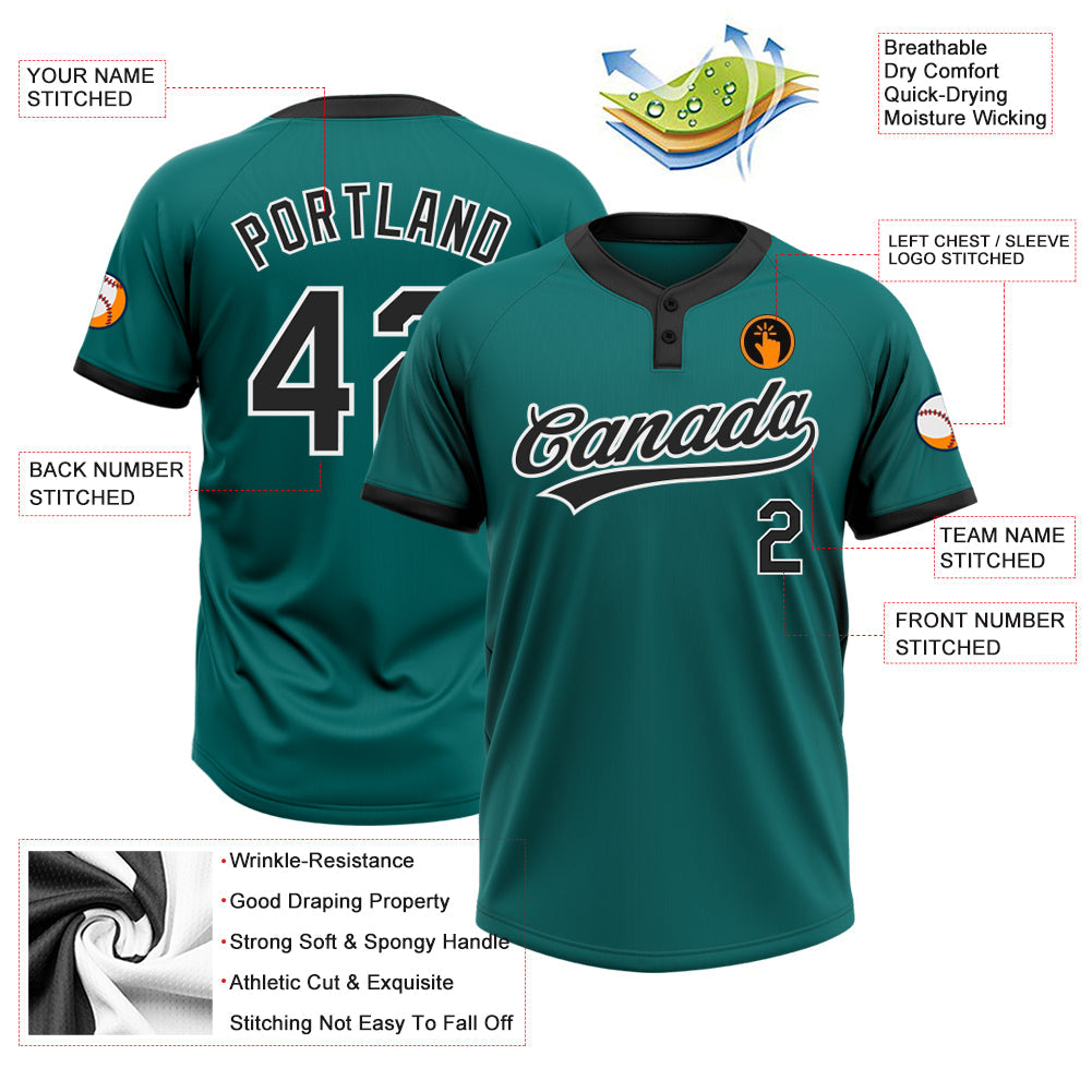 Custom Teal Black-White Two-Button Unisex Softball Jersey view 3
