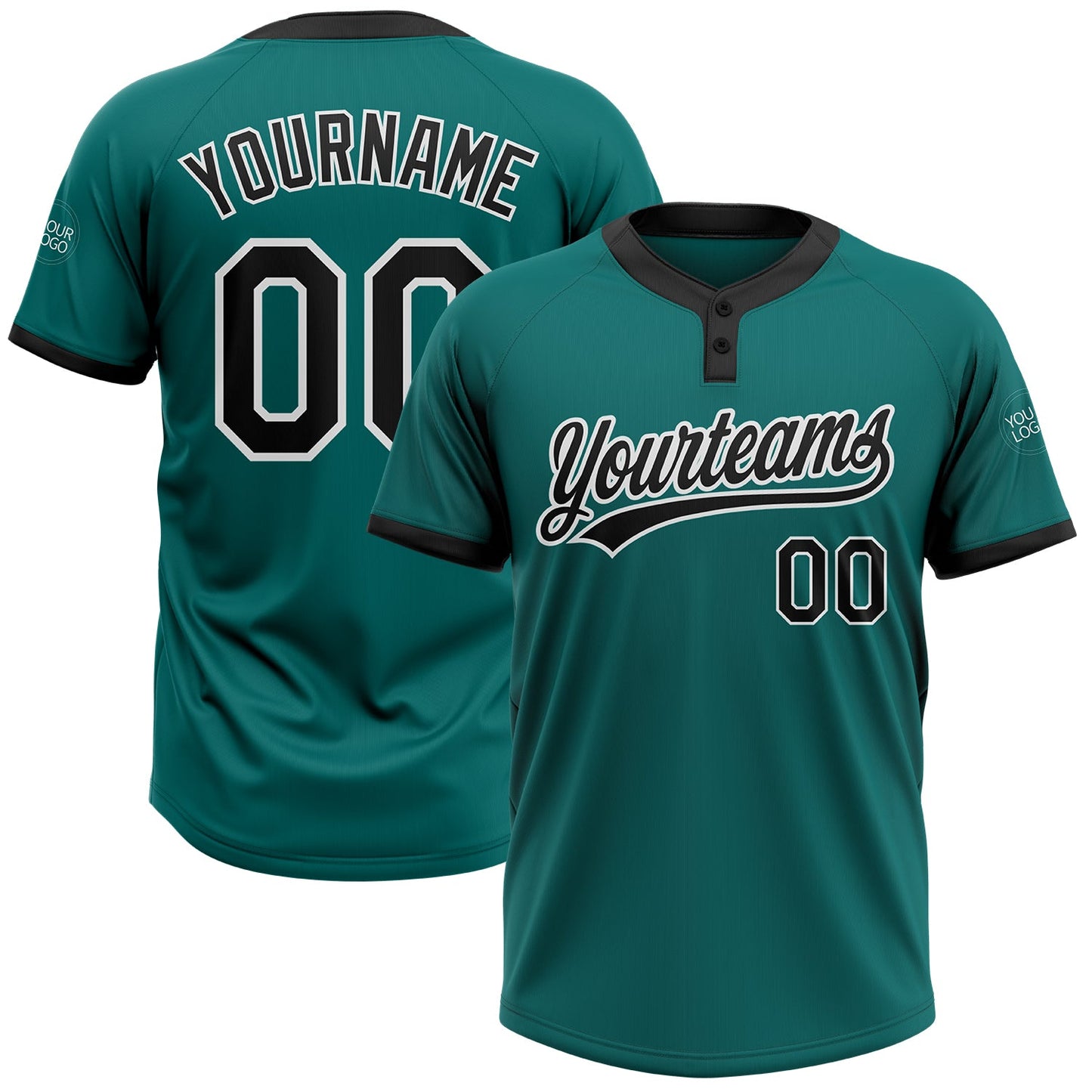 Custom Teal Black-White Two-Button Unisex Softball Jersey - Main View