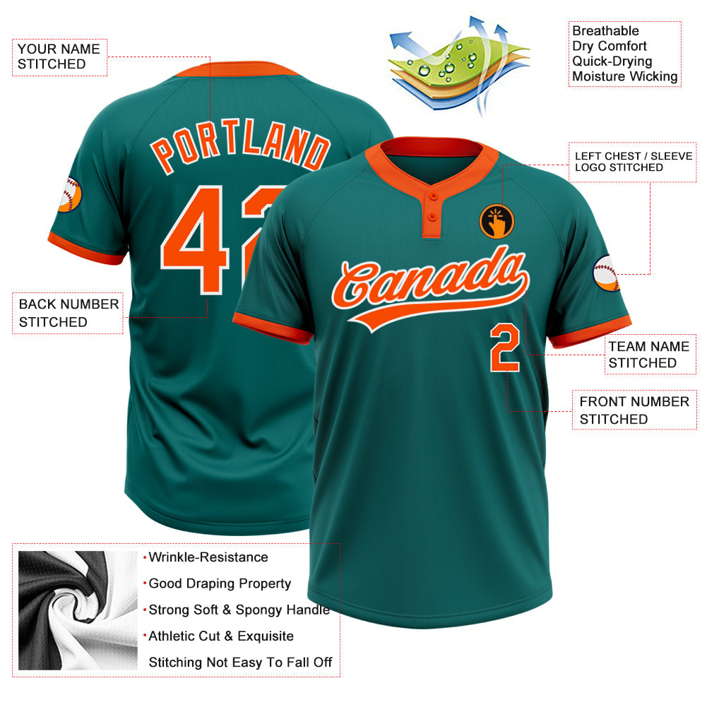 Custom Teal Orange-White Two-Button Unisex Softball Jersey view 3