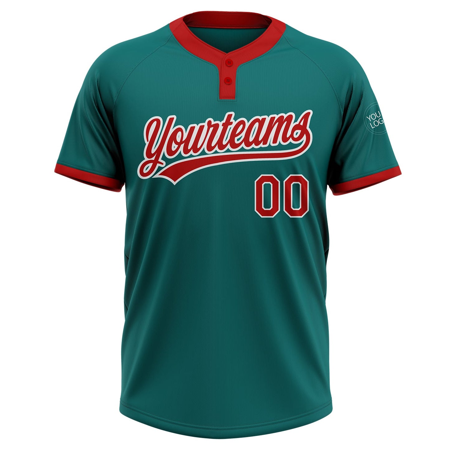 Custom Teal Red-White Two-Button Unisex Softball Jersey view 2