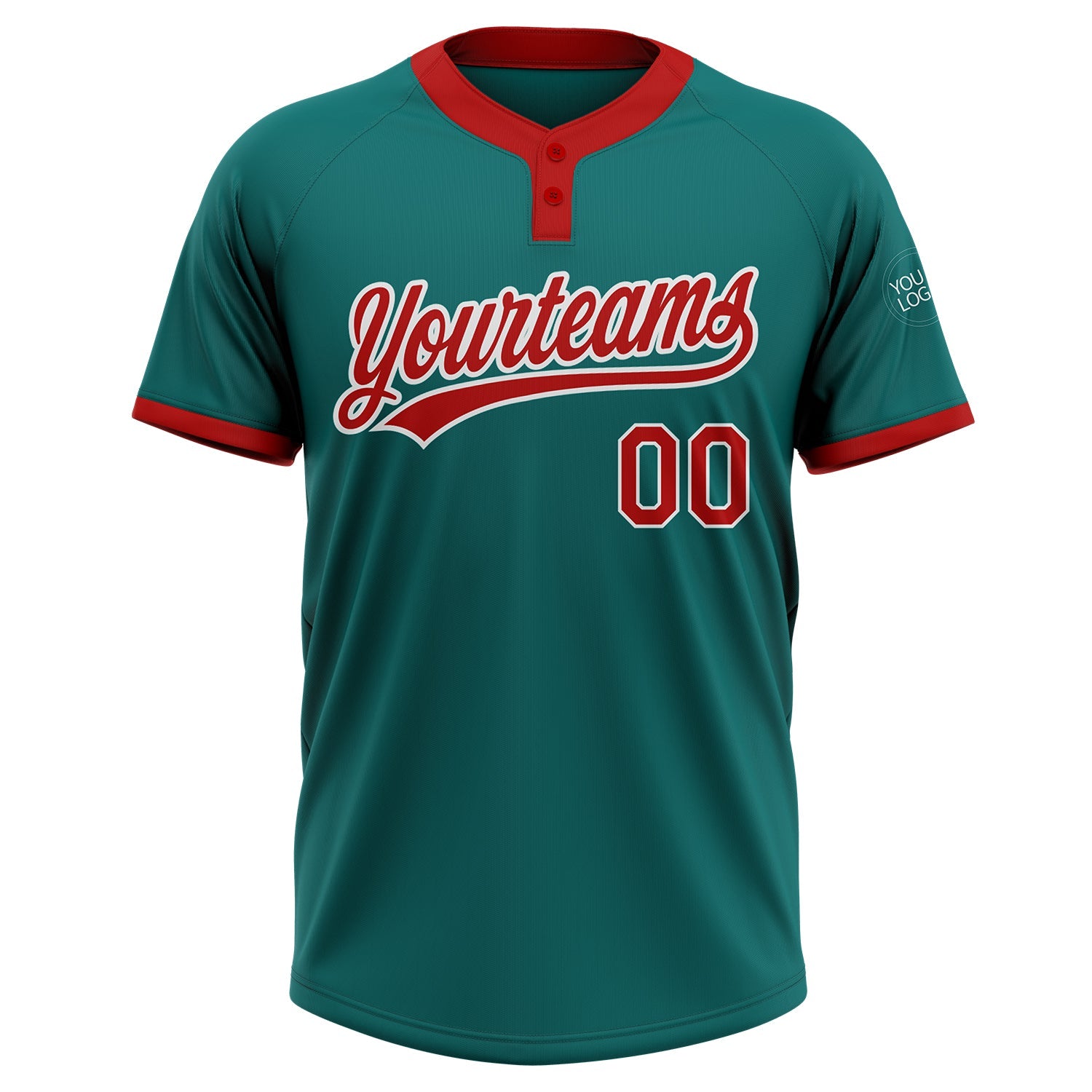 Custom Teal Red-White Two-Button Unisex Softball Jersey view 2