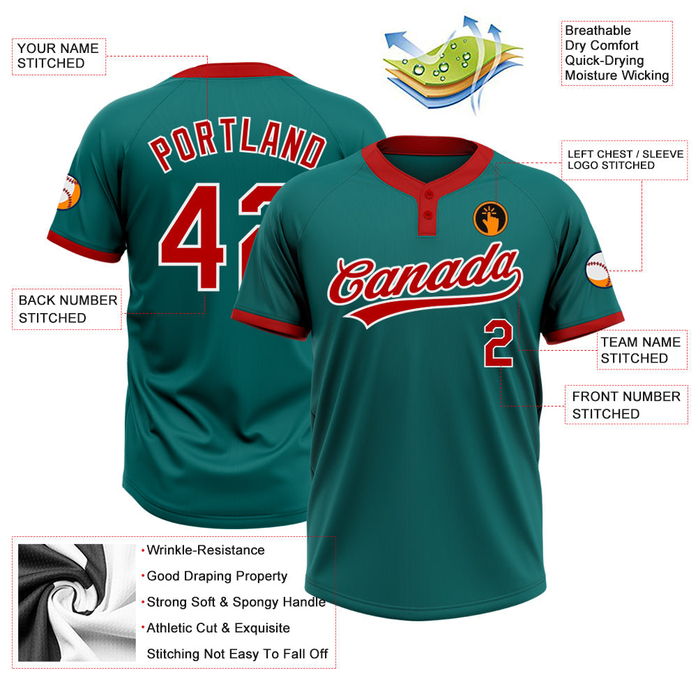Custom Teal Red-White Two-Button Unisex Softball Jersey view 3